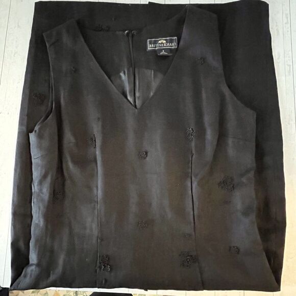 British Khaki Dress Size 4 Black 100% Linen V Neck Lined Knee Length Sheath - Picture 3 of 11